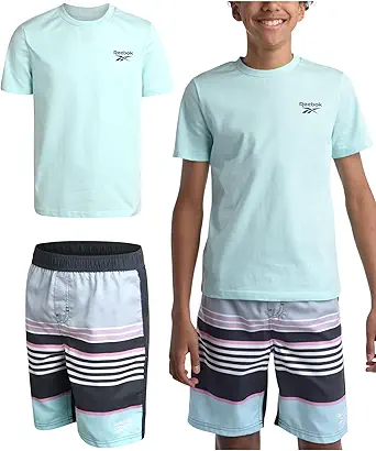 Reebok Boys' Rashguard Set - UPF 50+ Short Sleeve Sun Shirt and Bathing Suit Boardshorts - Swimwear Set for Boys (4-12)