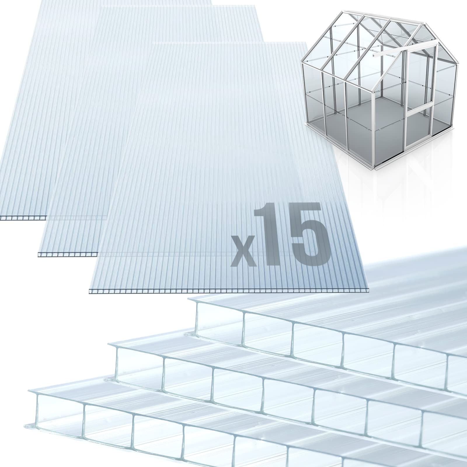 Jago® Lastra di Policarbonato - Set da 15, a 2 Pareti, 121 x 60,5 cm, Spessore 4 mm, 11 m², UV Resistente, Trasparente - Pannello, Piastra di Policarbonato, Alveolare, per Serra