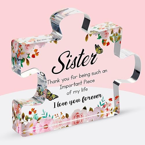VELENTI Gifts for Mothers Day - Sister Engraved Acrylic Puzzle Piece with Heartfelt Message - Perfect Sister Birthday - Mother's Day Gifts For Sister