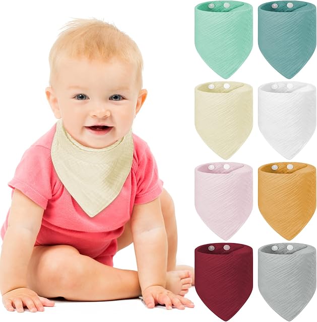 Vicloon Baby Bandana Dribble Bibs, 8 Pack Baby Muslin Dribble Bibs Drool Bibs for Drooling and Teething, Infant Bibs Super Soft and Absorbent for Boys Girl, Adjustable Buttons to Fit 0-36 Months Baby