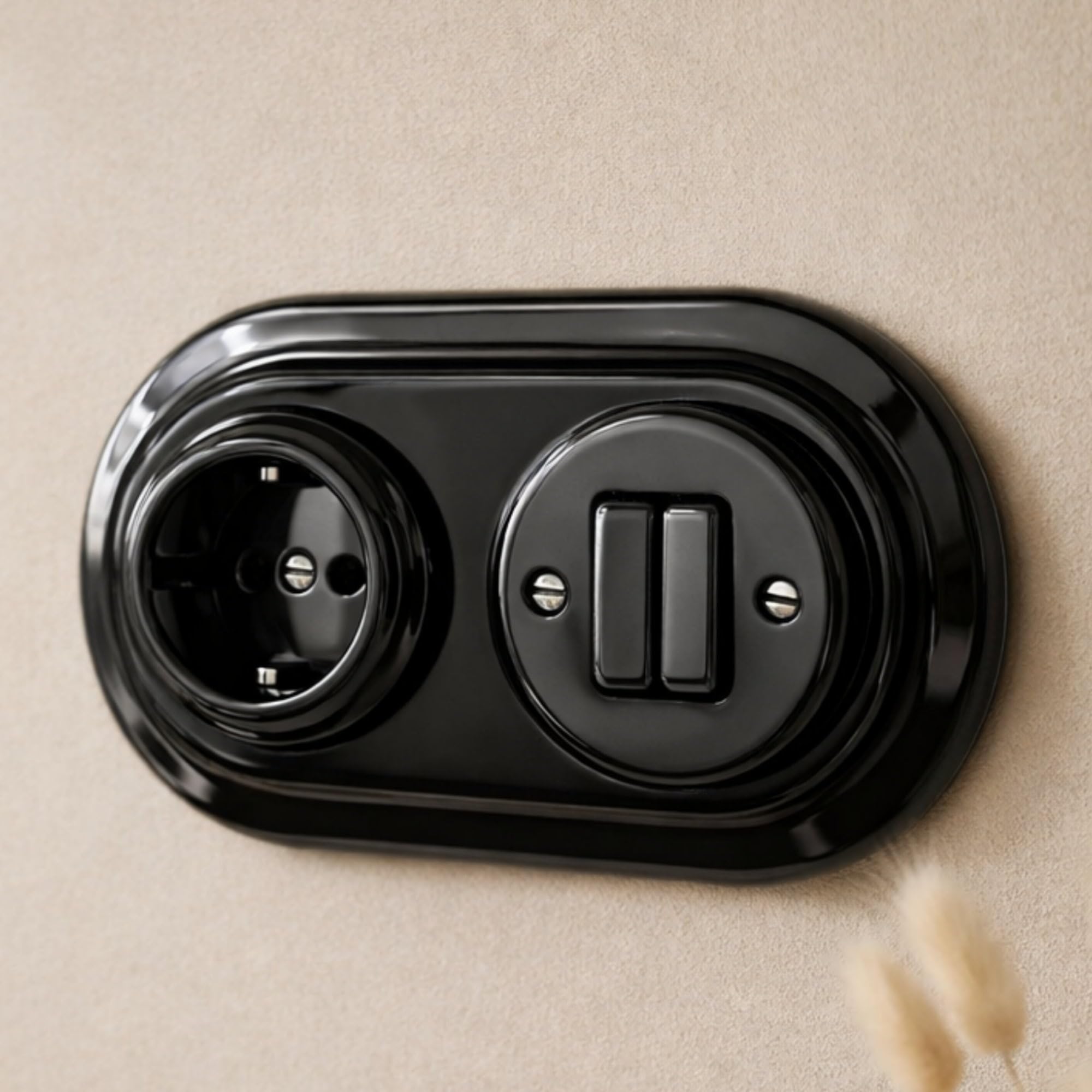 Unterputz Porzellan Retro Steckdose, Doppelschalter, 2-fach, All-in-One, Serie PR1 schwarz