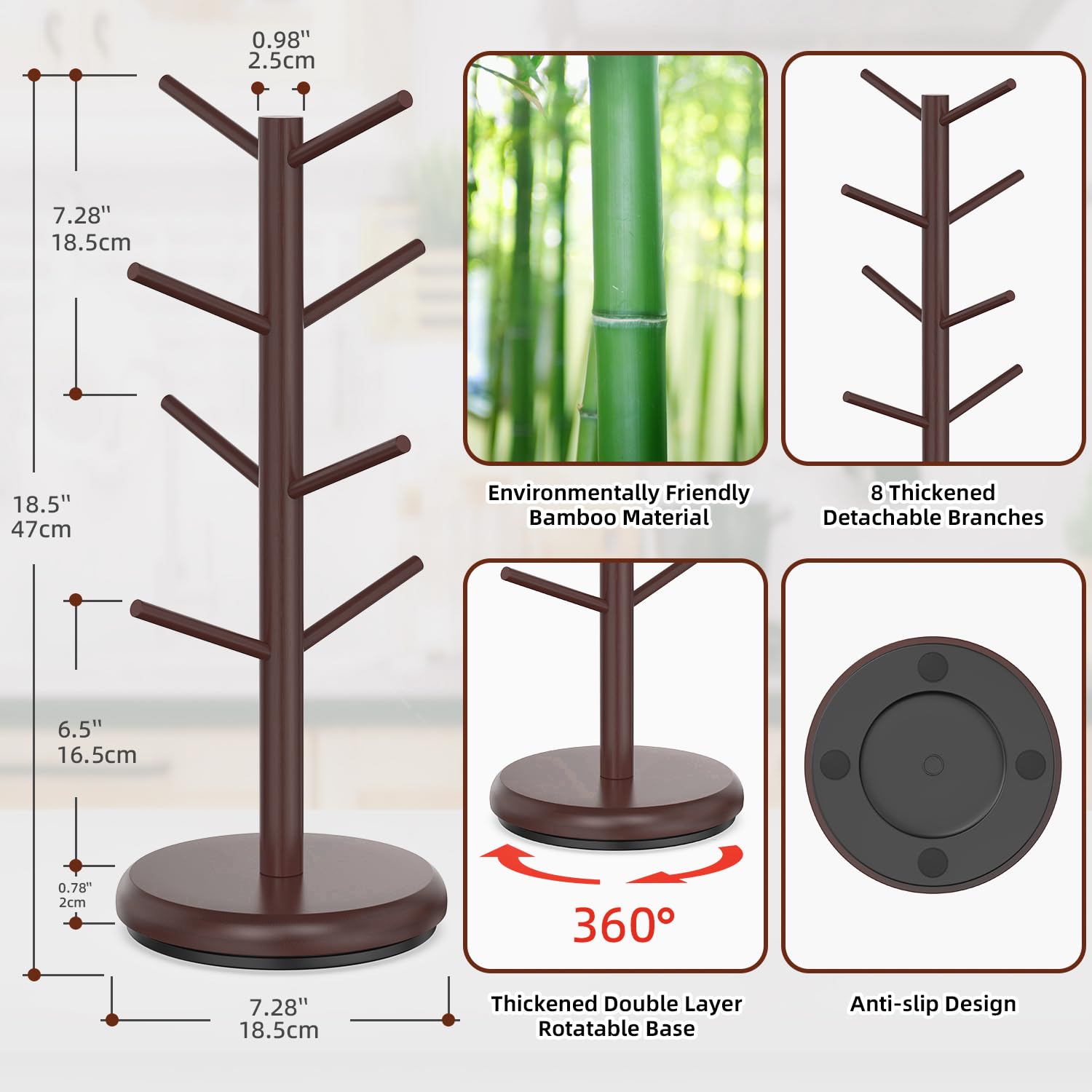 BAMBANG Bamboo Coffee Mug Tree, Rotating Coffee Cup Holder for Counter Top 8 Hooks, Mug Organizer, Display, Espresso - Image 3