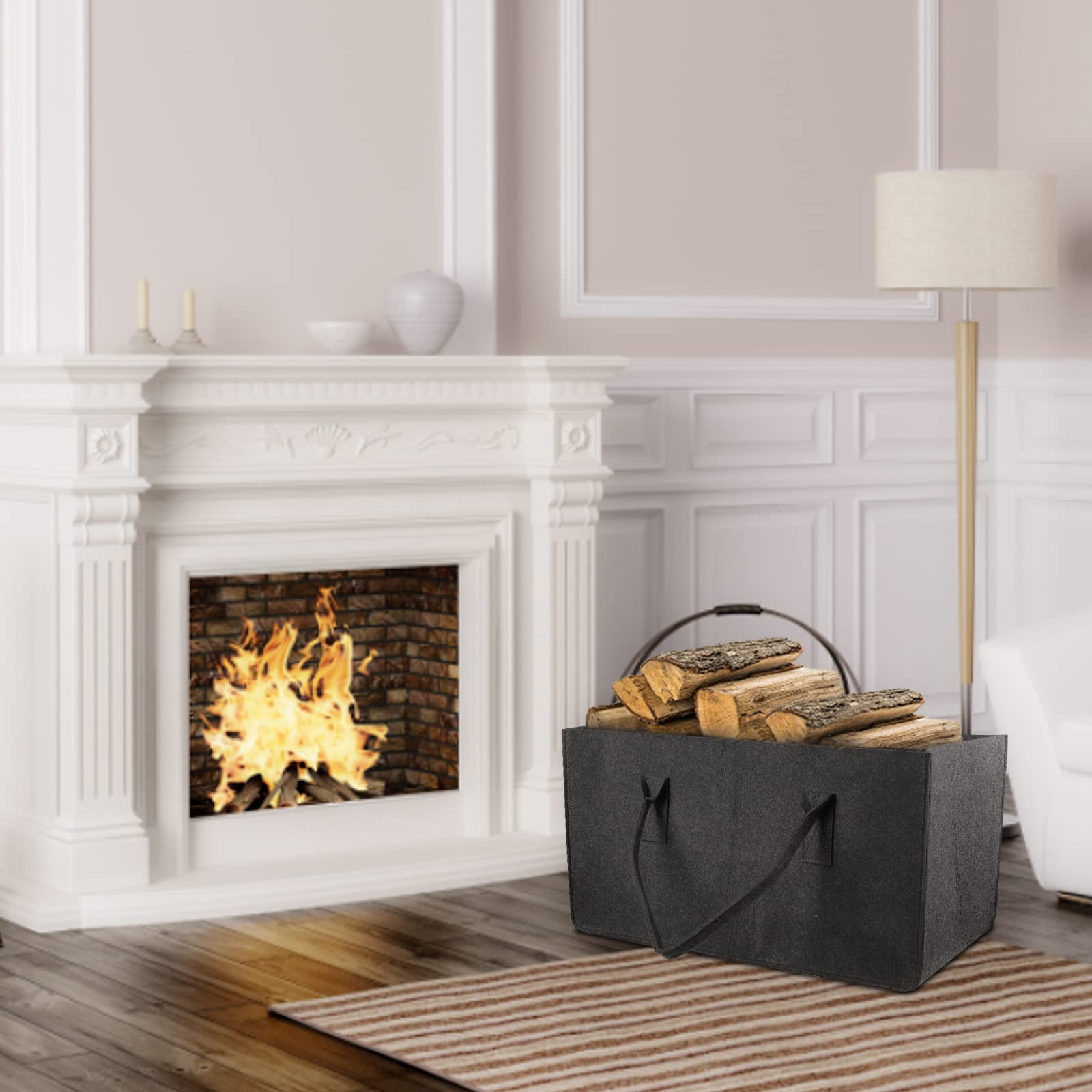 EFUTURETIME 2pz Borsa in Feltro, 61×32×32cm, 60L Cestini per Legna da Ardere con Manici, Grande Shopper Pieghevole in Feltro, Cesto Multiuso per Legna, Vestiti, Giocattoli, Libri, Grigio Scuro