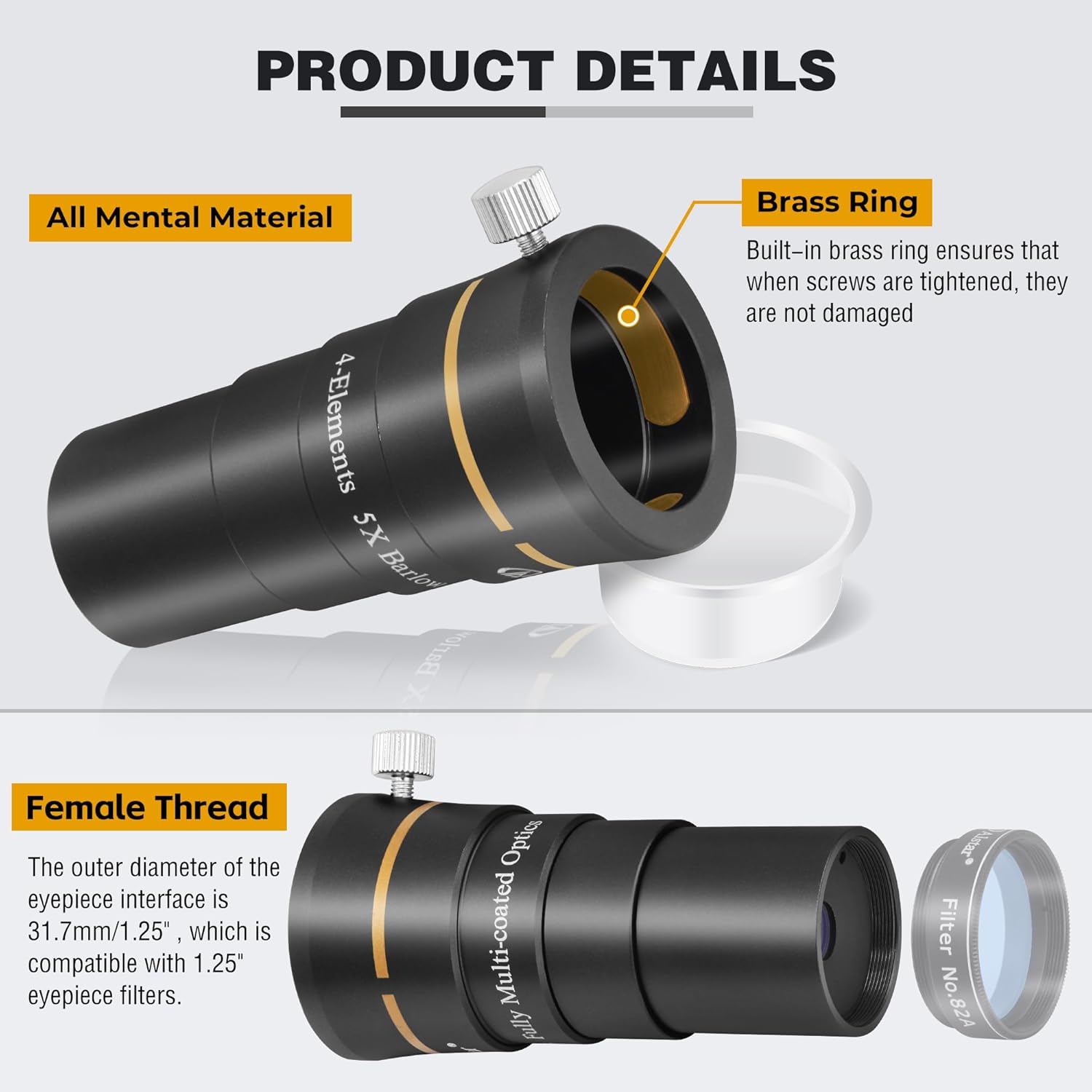 Alstar 1.25" 4-Elements 5X Barlow Lens - Bundle with - 5Pcs 1.25" Telescope Filters Kit