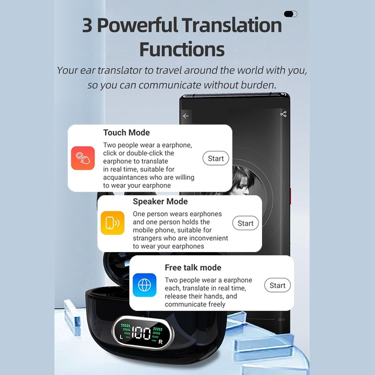 Yunseity Language Translator Earbuds, X9 Two Way Translation Headphones in Real Time, Clip Online Translation Device in 144 Languages & 3 Translation Modes, with Display (Black)