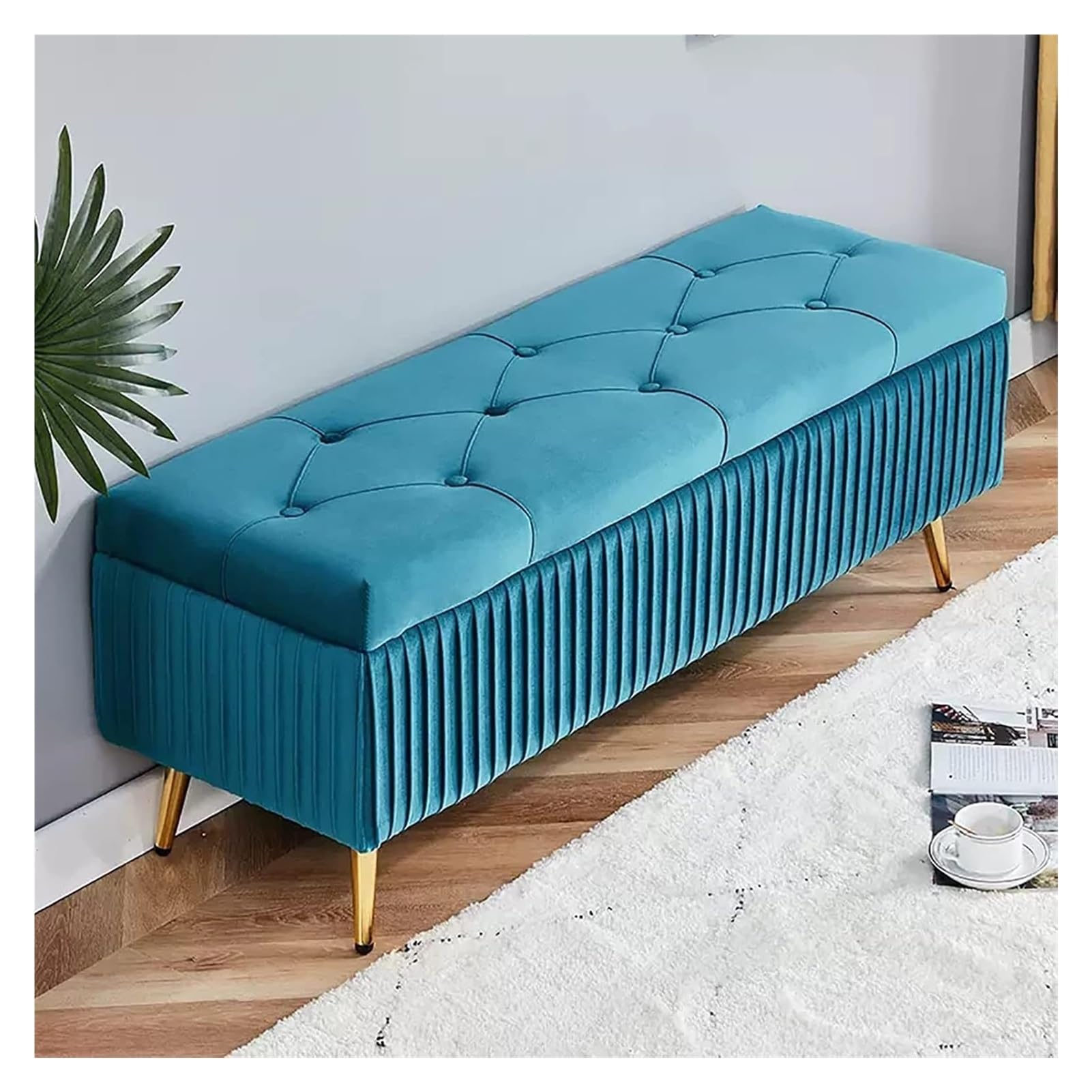 LMMIAOZ Velvet Storage Bench with Gold Metal Legs Stylish Bedroom Ottoman for Living Room Entryway Comfortable Foot Rest Seat Light Blue 80x40x45cm