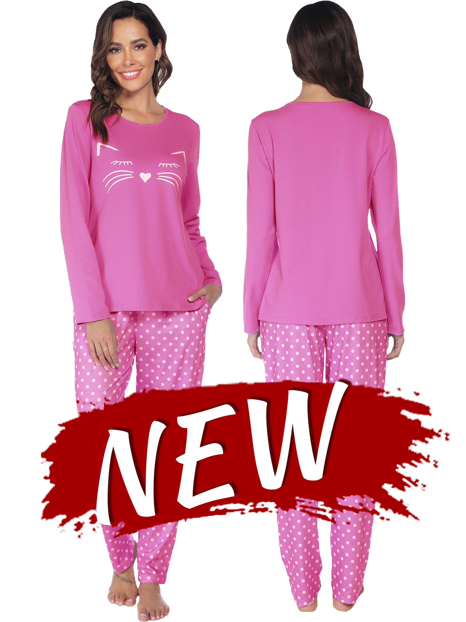 Pyjama Femme Coton Ensembles de Pyjama Femme Hiver Chaud Haut Col Rond Manches Longues et Bas de Pyjama à Carreaux Vêtements de Nuit 2 Pièces Confortable Détente