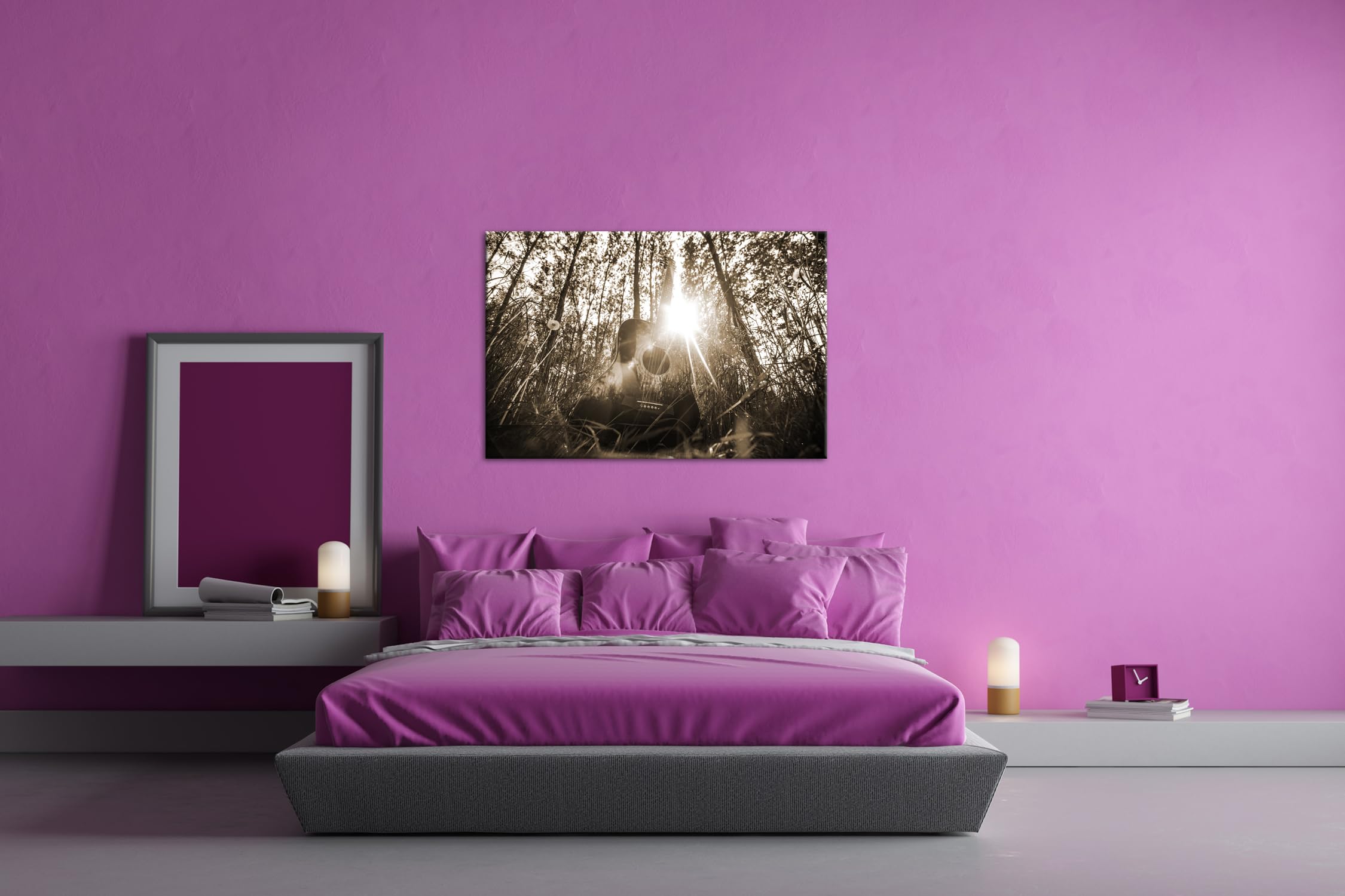 deyoli Chitarra acustica in formato foresta idilliaco: 90 x 60 cm, effetto: Seppia come tela, motivo già incorniciato su telaio in vero legno, stampa digitale di alta qualità con cornice