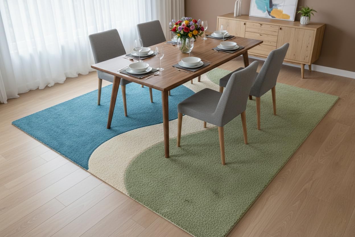 Hand-Crafted Premium Wool Area Rug Geometric Wave Fusion Design for Living Room, Bedroom, Dining Room, Hall & Office Decor 9 x 12 Feet Green/Blue