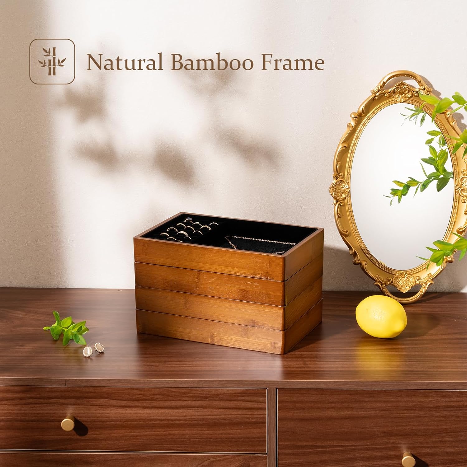ProCase 4-Set Bamboo Stackable Jewelry Organizer Tray, Jewelry Drawer Inserts Container Display Case Storage for Earring Necklace Rings Bracelet with Removable Dividers -Black