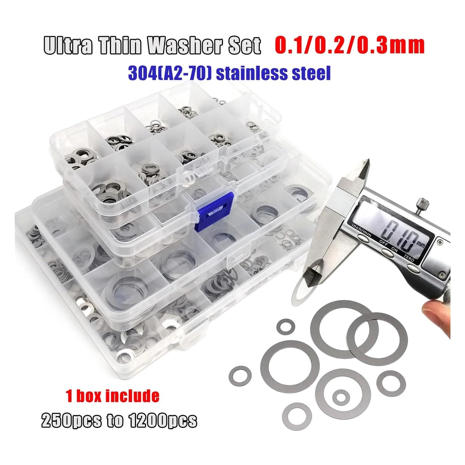 Assortiment de rondelles plates - 1 boîte de 0,1 mm, 0,2 mm, 0,30 mm d'épaisseur - Rondelles plates ultra fines - Kit de joints unis - Assortiment de tailles M3 à M20 en acier inoxydable 304 (0,2 mm