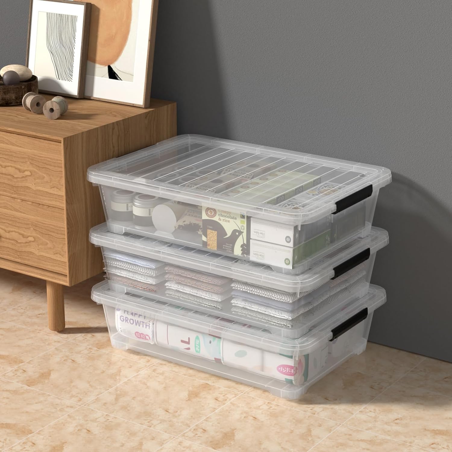 4-Pack Under Bed Plastic Storage Box with Wheels, 40 Quart Large Plastic Under Bed Storage Bins with Lid, Clear