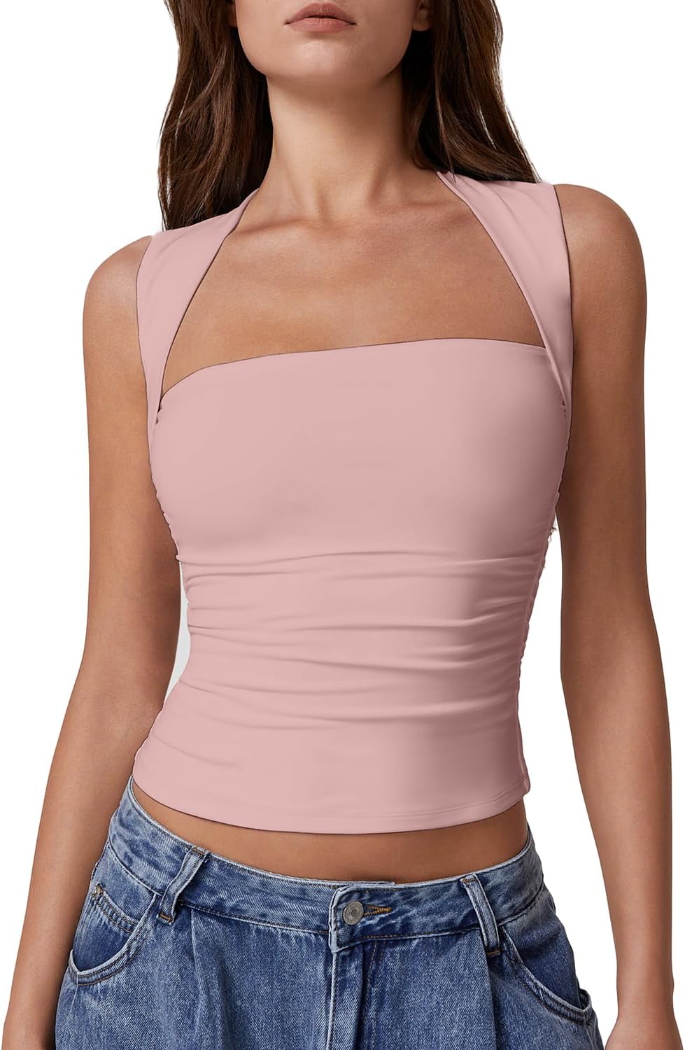 QINSEN Womens Square Neck Tank Tops Side Ruched Double Lined Slim Fit Summer Going Out Crop Top