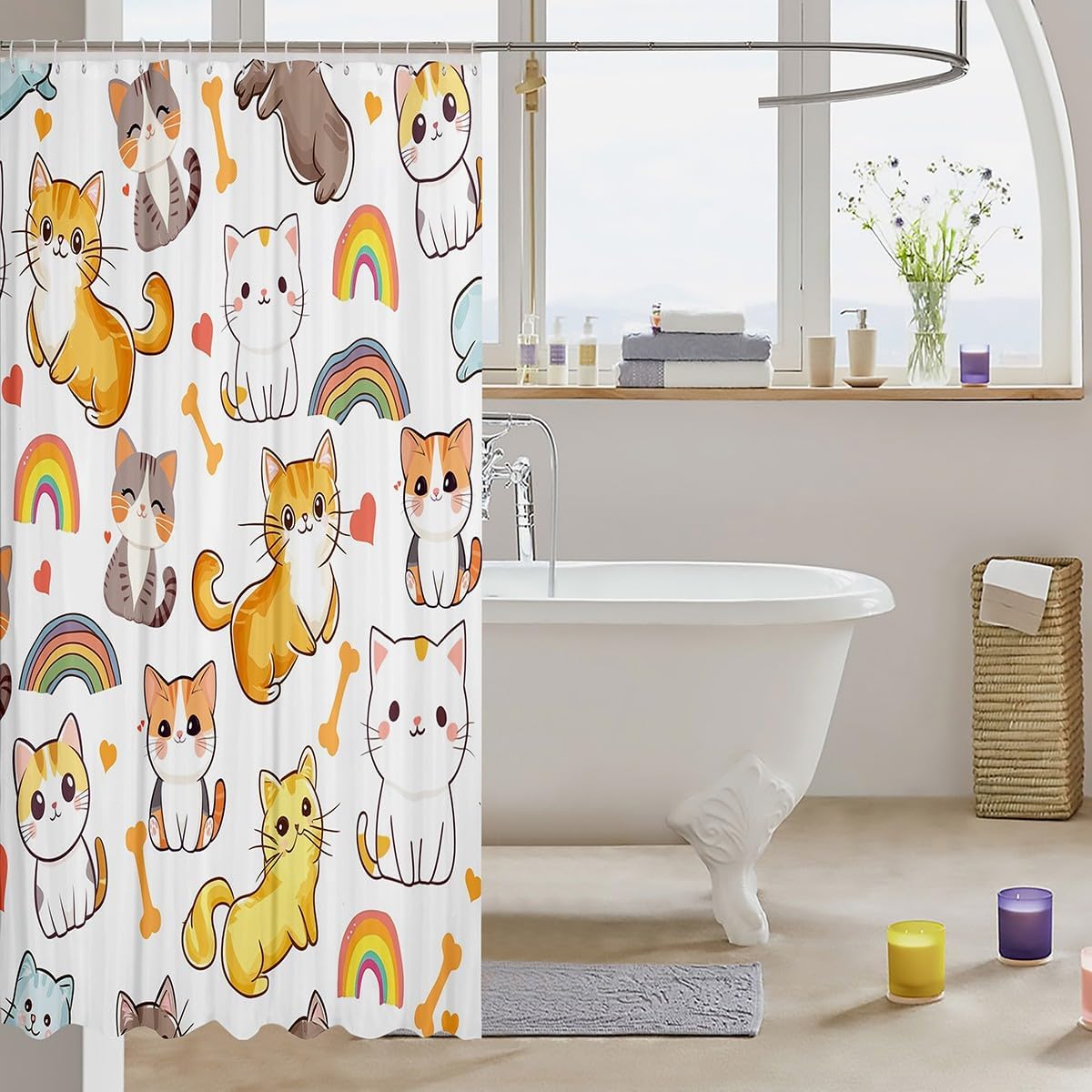 Cute Cats Shower Curtain Waterproof Fabric,Colorful Kawaii Animal Pet Print Bath Accessories,Rainbow Heart Shaped White Hanging Curtain with Hooks for Bathtubs,72Wx78L inch image 3