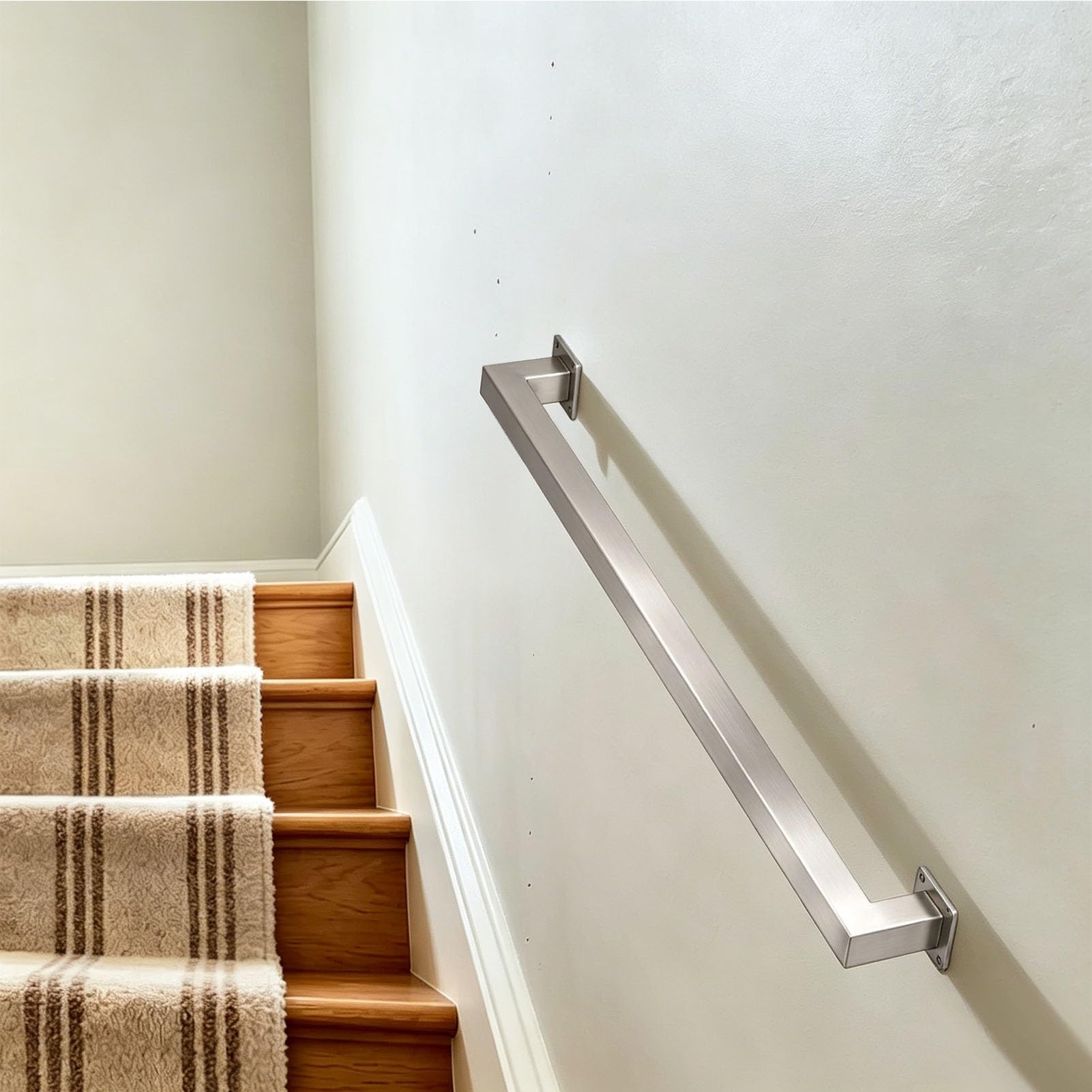 Junvstor Stainless Steel Handrail for Indoor Stairs, Square Metal Staircase Banister Handrail, Banister Rail Kit Wall Mounted Stair Railing Grab Bar 1-20ft(13.1ft/400cm)