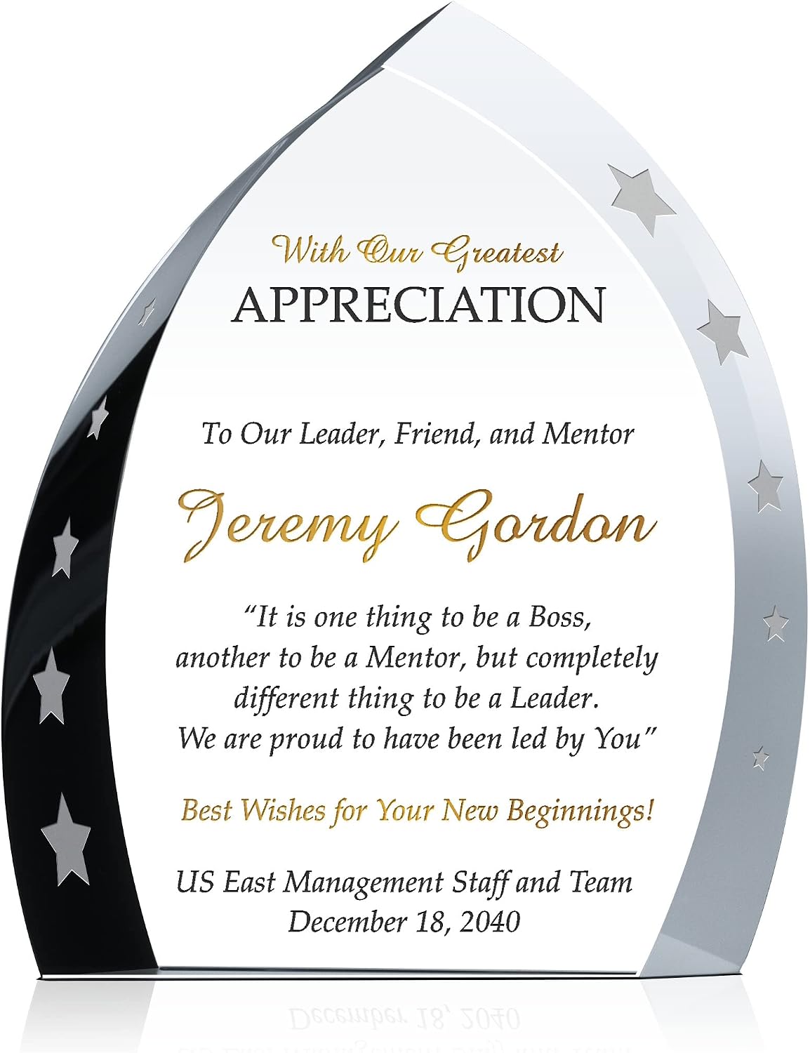 Custom Crystal Boss Appreciation Award Plaque for Man and Woman, Personalized with Boss Name and Personal Message, Unique Appreciation, Promotion, Departing, Retirement Gift (M - 7")