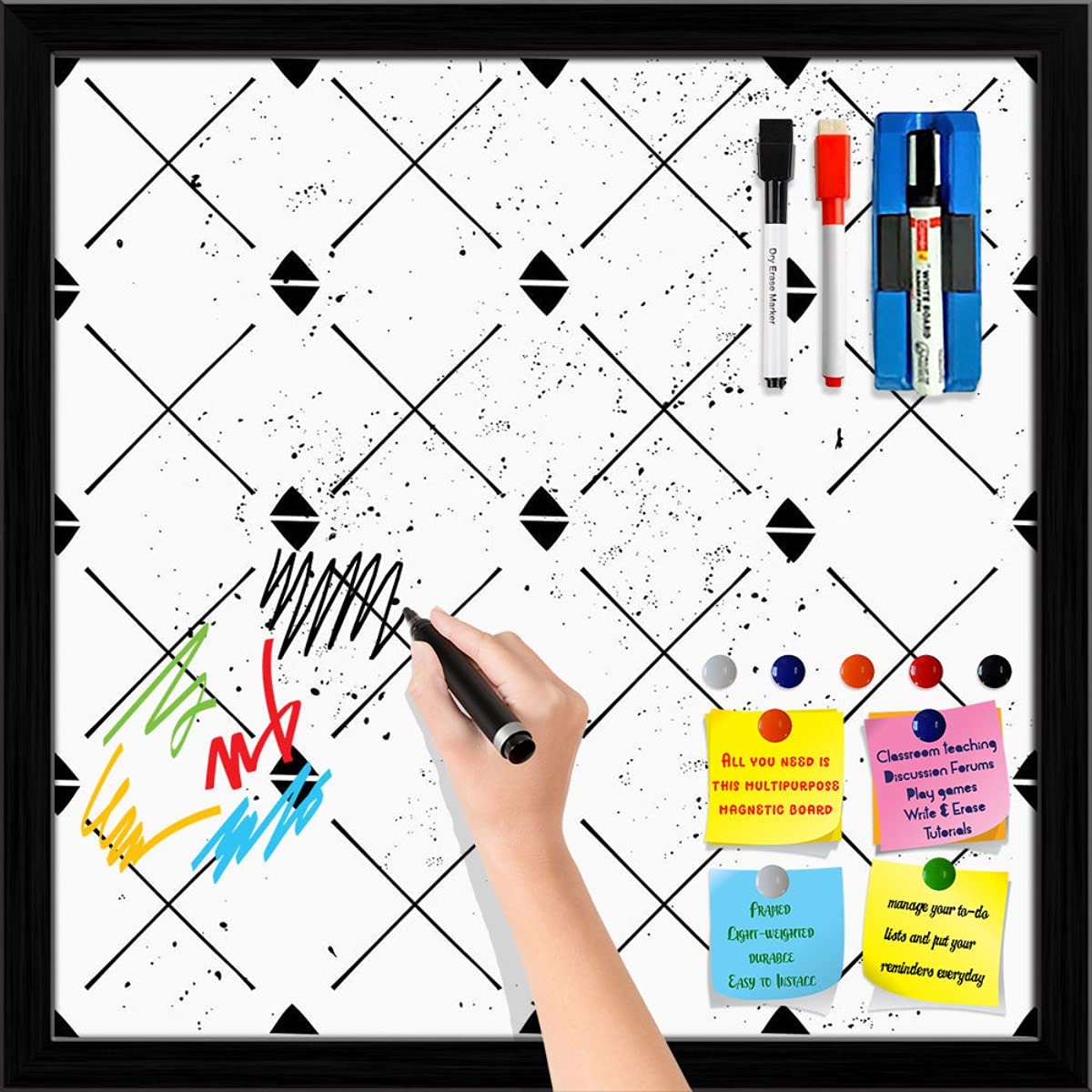 ArtzFolio Hand Drawn Diamond Shapes and Lines D2 Framed Dry Erase White Board | Magnetic Board Combo with Magnet Buttons & Markers | Black Frame 28 x 28 inch (71 x 71 cms)