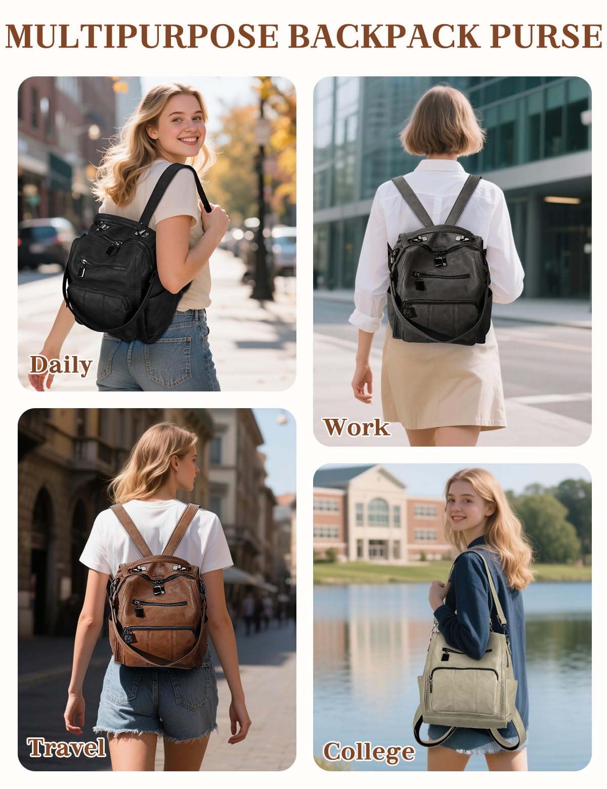 RAVUO Mochila Pequeña Mujer,Impermeable Bolso Mochila de Cuero Pu Mini Mochila Casual Bolso de Mano para Viaje Escolar,Marrón