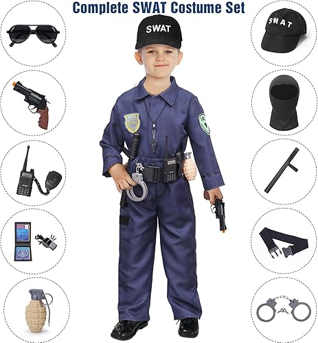 Miniatura 7 de Latocos Disfraz de oficial de policía SWAT de 15 piezas para niños con chaleco, accesorios de policía, juego de rol para Halloween y cosplay