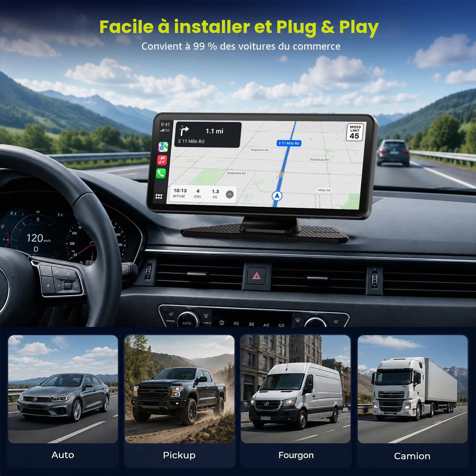 LAMTTO Ecran Carplay Voiture & Android Auto sans Fil avec Dashcam 2,5K + 1080P, Écran Tactile HD Portable de 6,86 Pouces, Car Play avec Commande Vocale, Navigation, Bluetooth, FM, AUX, Carte 64 Go