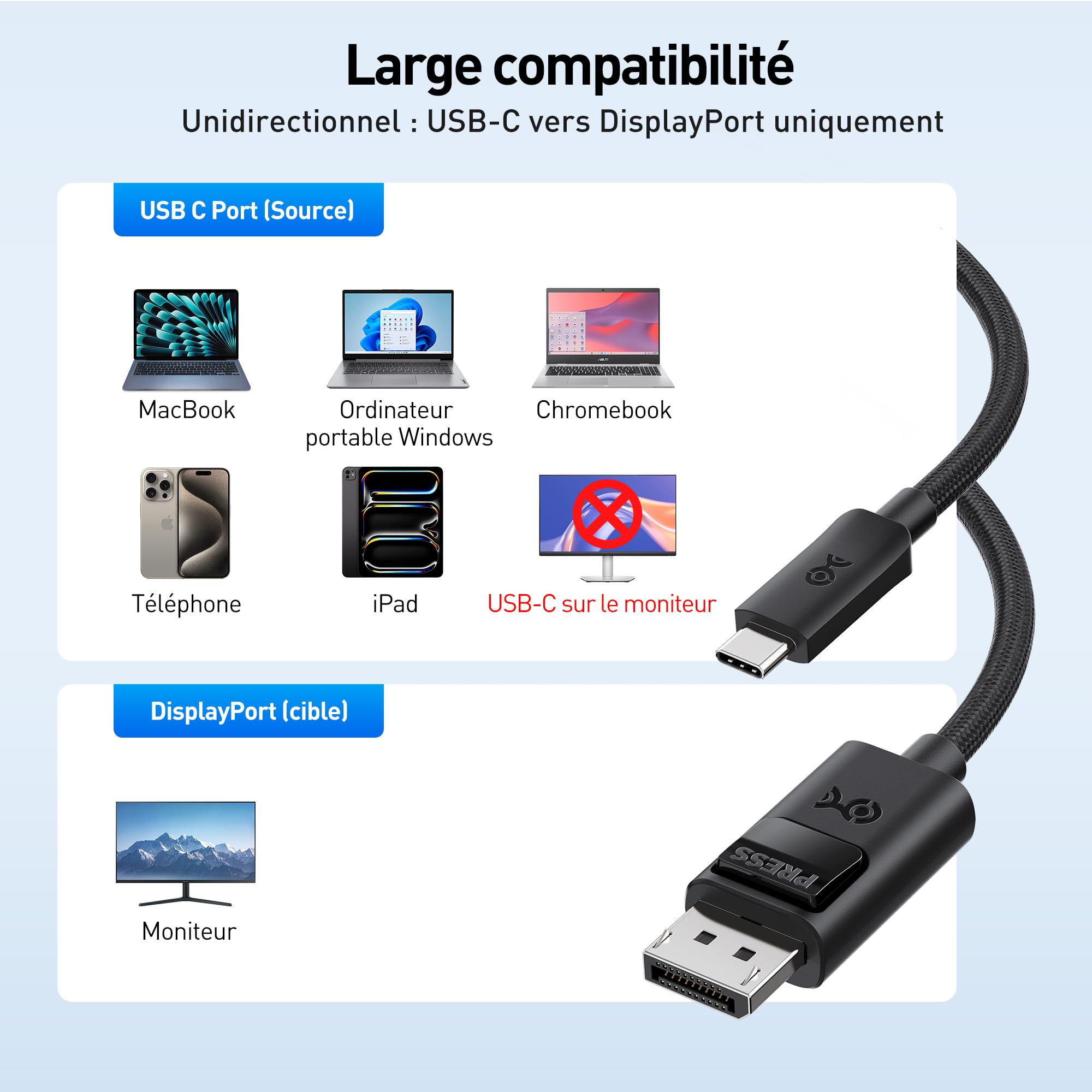 Cable Matters Câble USB-C vers DisplayPort 2.1, Unidirectionnel, 1,8m | 8K@165Hz, 4K@480Hz, UHBR13.5, 54Gbit/s DP54, câble Thunderbolt 5 vers DisplayPort, non compatible avec les moniteurs USB-C