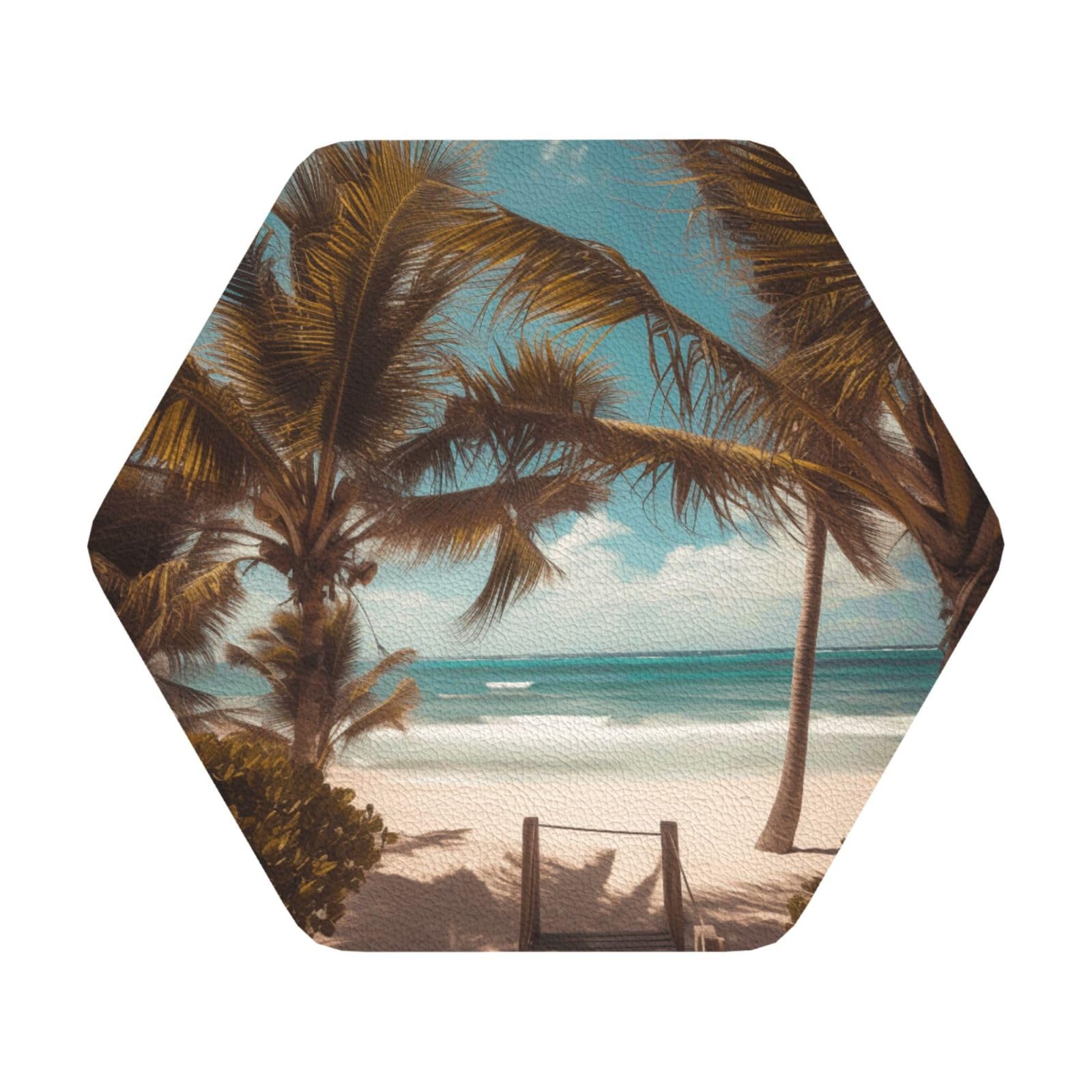 Beach Palm Trees Print Leather Coaster Set of 6, Hexagon Coasters Table Decorative Coffee Cup Beverage Coasters Wine Beer Bar Coasters for Hot Drinks Table Protection