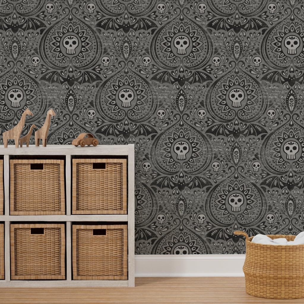 Spoonflower Removable Wallpaper 3ft x 2ft - Black Dark Gothic Skulls Damask Halloween Spooky Custom Pre-Pasted Wallpaper