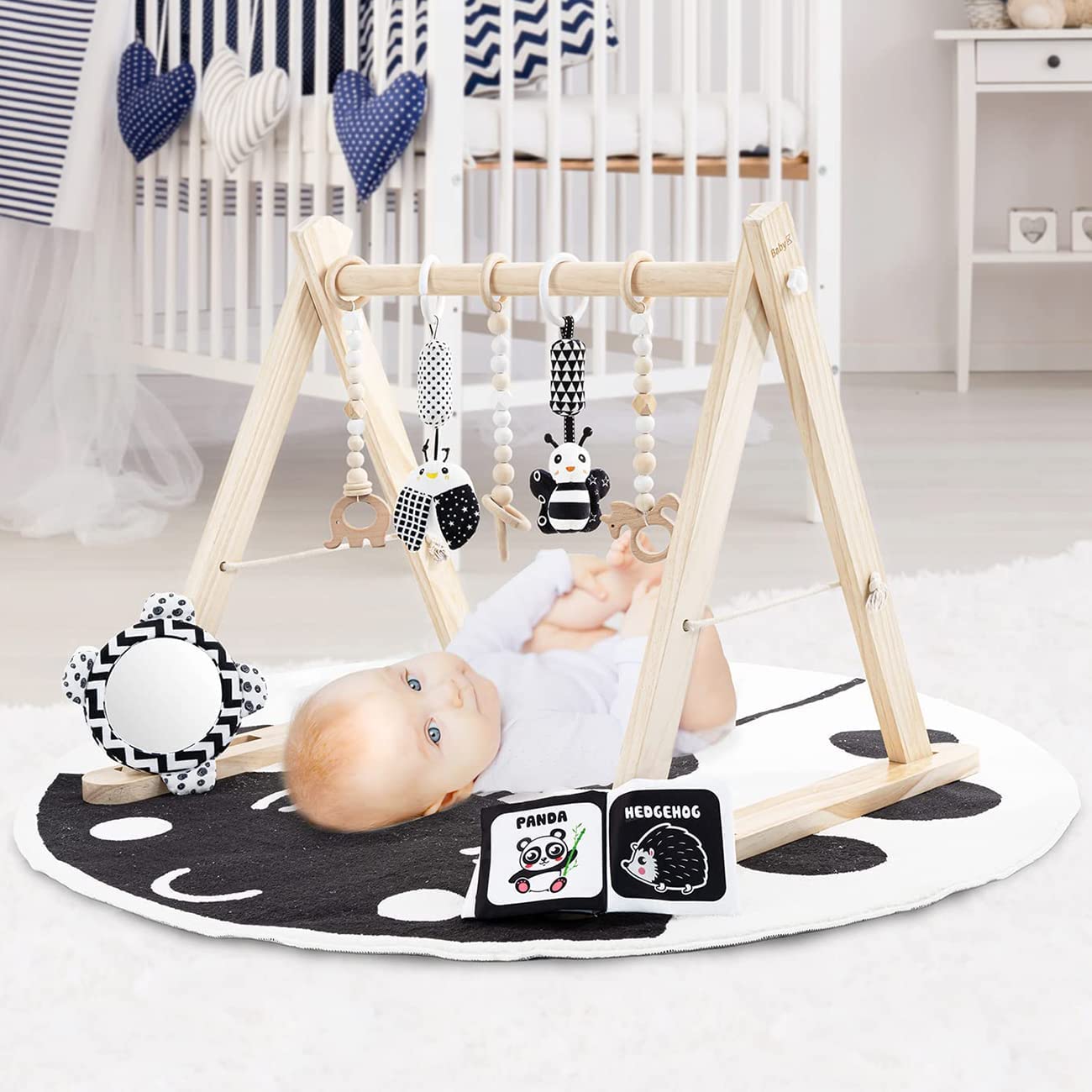 Photo 1 of BABY K Wooden Baby Play Gym with Ladybug Mat - Foldable Wooden Play Gym with Wooden and Monochrome Hanging Toys for Baby Gym - Natural Wooden Surface - Cloth Cards & Mirror Toys for Activity Gym Baby Beige (with mat)