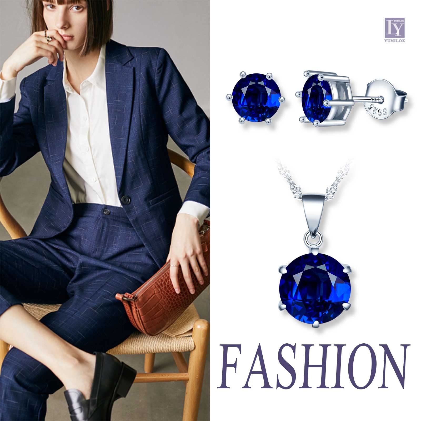 Yumilok Collier zircon et Boucles d'oreilles zircon pour femmes et filles, Bijoux parures de diamant en argent 925, Collier solitaire à six griffes, Clous d'oreilles solitaire à six griffes