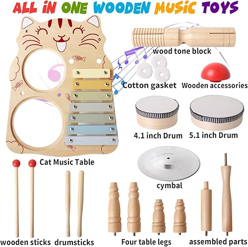 Miniatura 4 de Juego de batería 7 en 1 para niños (para niños) Instrumentos musicales para bebés, juguetes musicales preescolares Montessori, juego de batería para