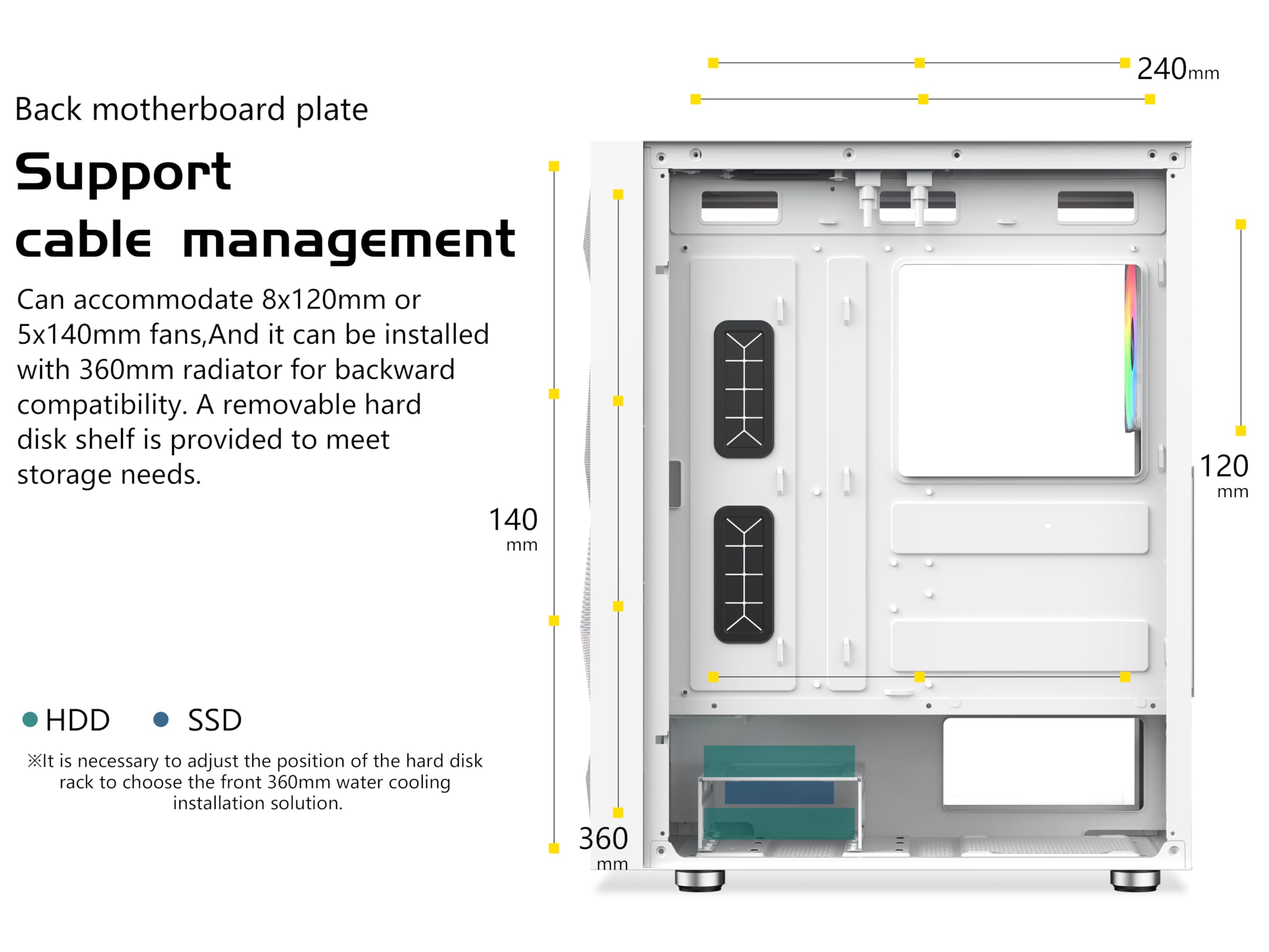 SAMA 3509 ATX Mid Tower Caja de computadora de malla de acero frontal de vidrio templado con puerta abierta 4 ventiladores ARGB preinstalados USB3.0X2 360mm AIO Soporte en la parte delantera Blanco
