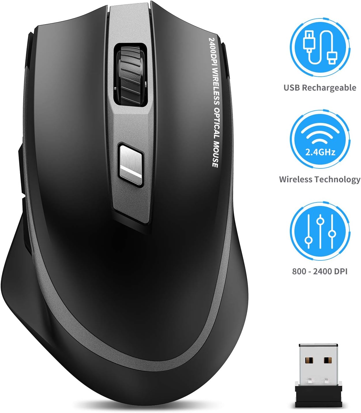 Wireless Mouse, TedGem Mouse, Silent Mouse USB Charging, Mouse for Laptop With USB Nano Receiver for PC/Laptop/Macbook -Charging and Silent (Grey)