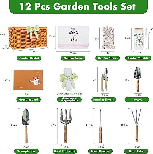 Miniatura 3 de Regalos de jardinería para mujeres, juego de 12 herramientas de jardín con cesta, herramienta de mano de jardinería resistente con mango de madera,