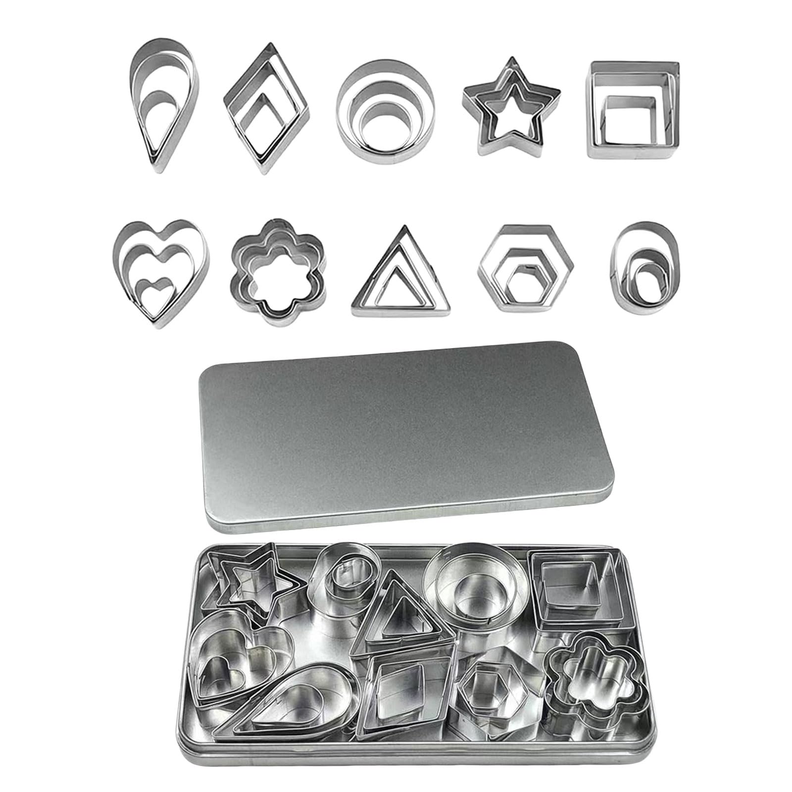 Cookie Cutters, 30 Pcs Round Heart Star Flowers Small Cookie Cutter Stainless Steel Geometric Mini Biscuits Cutters Molds Baking Tools for Biscuit Pastry Sandwich Cake (Silver 30pcs)