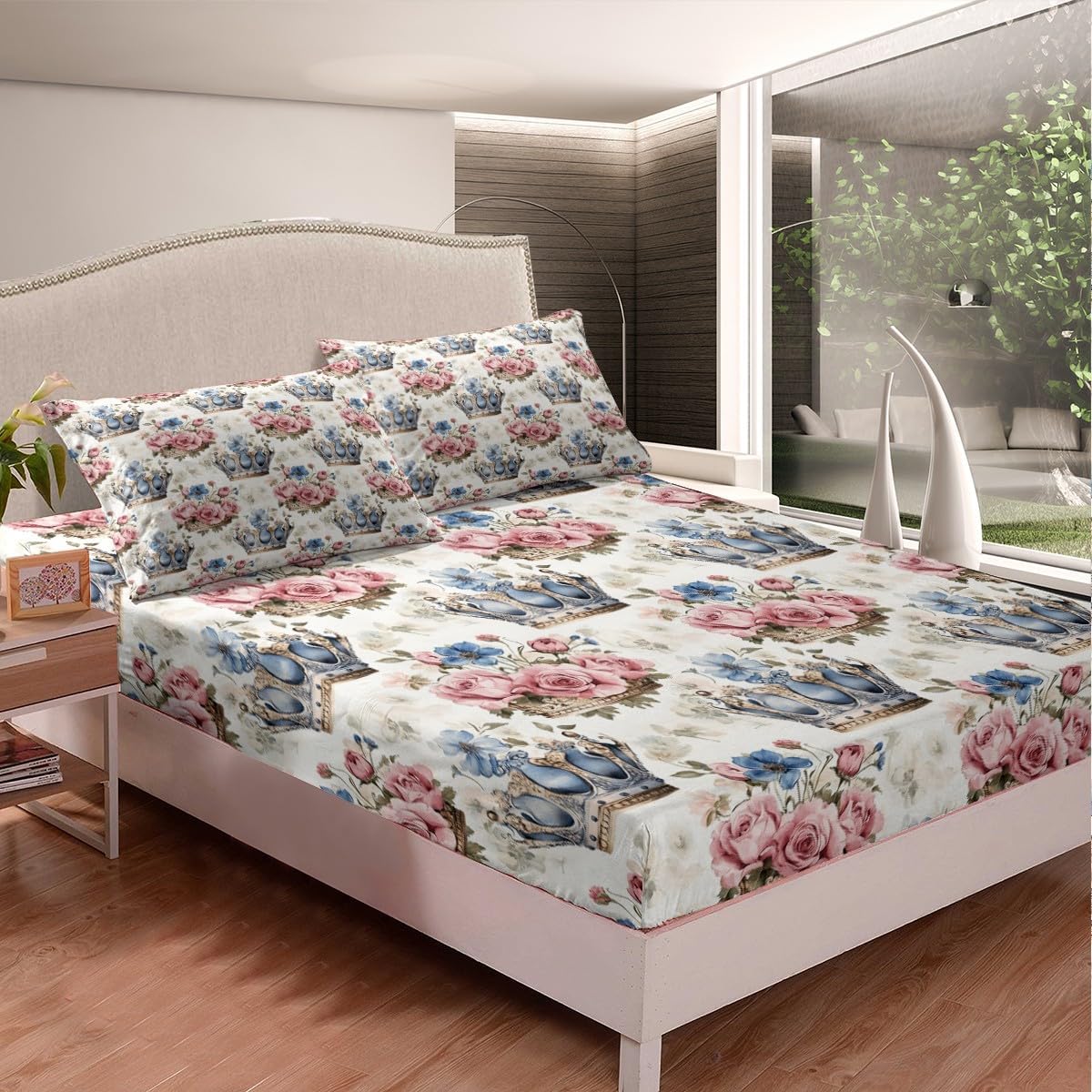 Manfei Princess Crown Bed Sheet Queen Size,Rustic Garden Roses Flowers Vintage Pink Blue Floral Sheets,Dreamy Fairy Tale Crown Deep Pocket Bedding Sets (1 Fitted,1 Flat,2 Pillowcases)