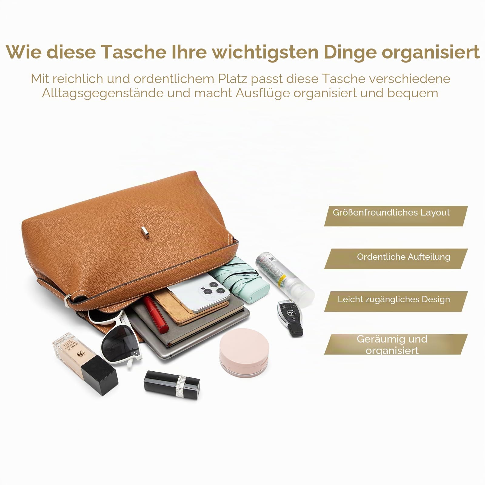 Umhängetasche aus Leder für Damen, mehrere Fächer für Alltag und Reisen
