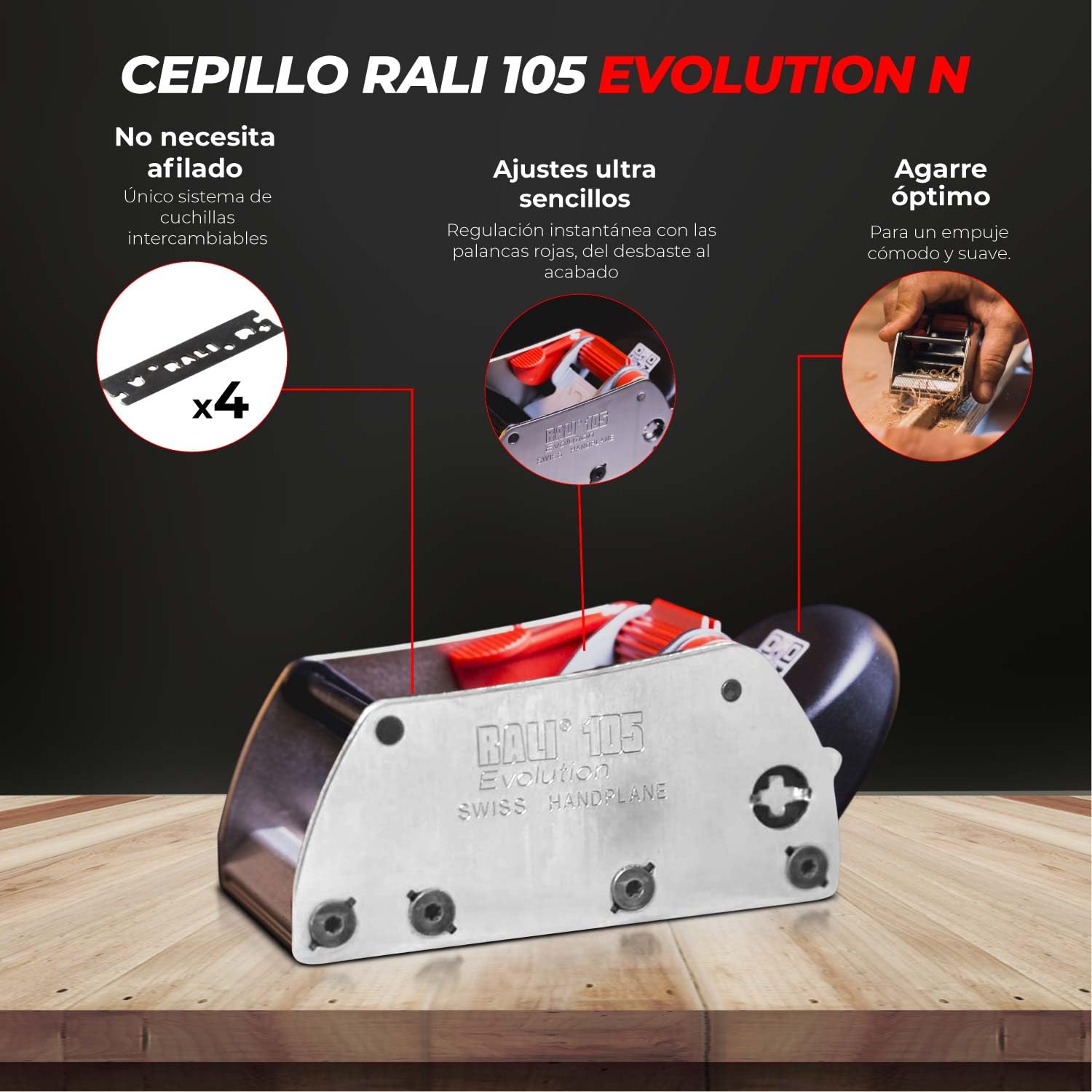 RALI 105 EVOLUTION N: Cepillo de palma sin afilado con 4 cuchillas reversibles | Cepillo manual para carpinteros | Ajustes fáciles de la profundidad de corte y del contrahierro | Siempre operativo