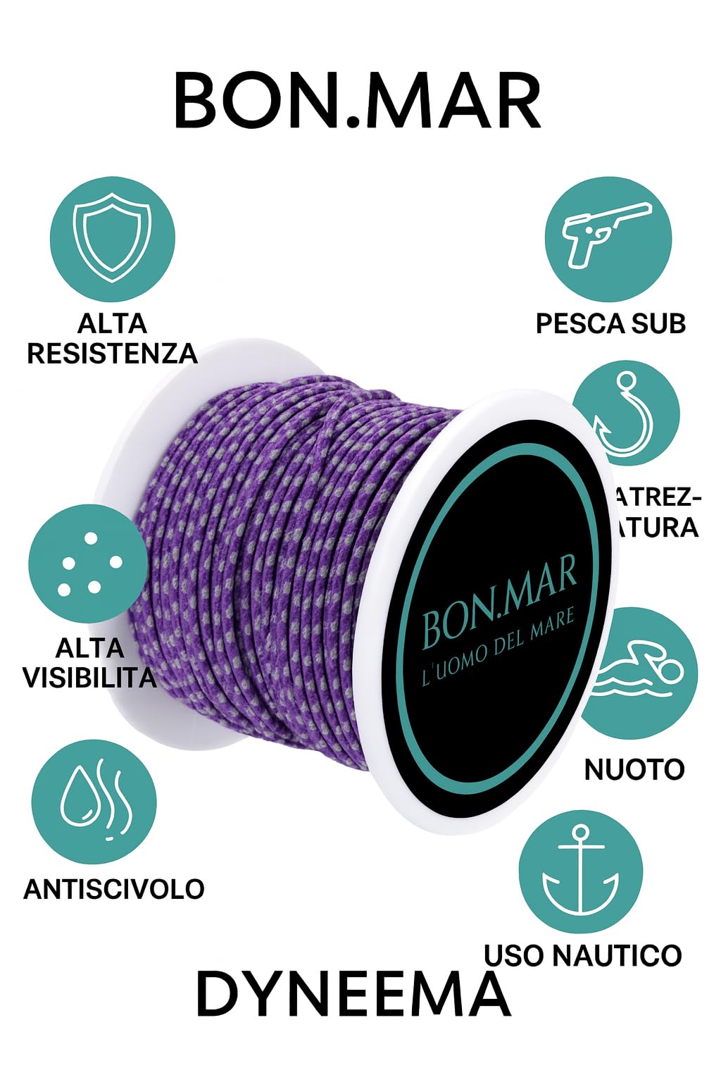 sagola in dyneema rivestito, Sk 75, bobina 50 mt, VIOLA inserti GRIGI, Ø1.5 mm