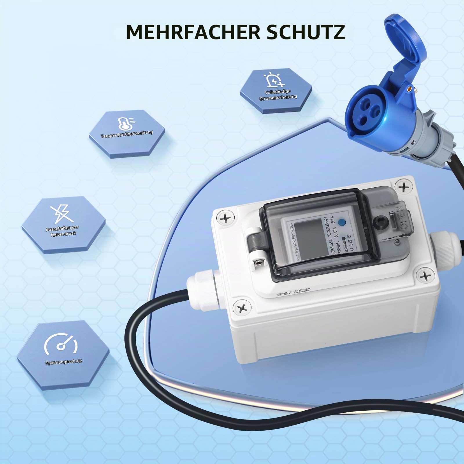 Mobiler Digital Stromzähler 230V 16A Stromzähler für Steckdose Outdoor mit IP67 Wasserdicht/LED/Reset, Mobile KWH Stromverbrauchmesser mit Gummischlauchkabel für Wohnmobile Elektrofahrzeuge Haushalte