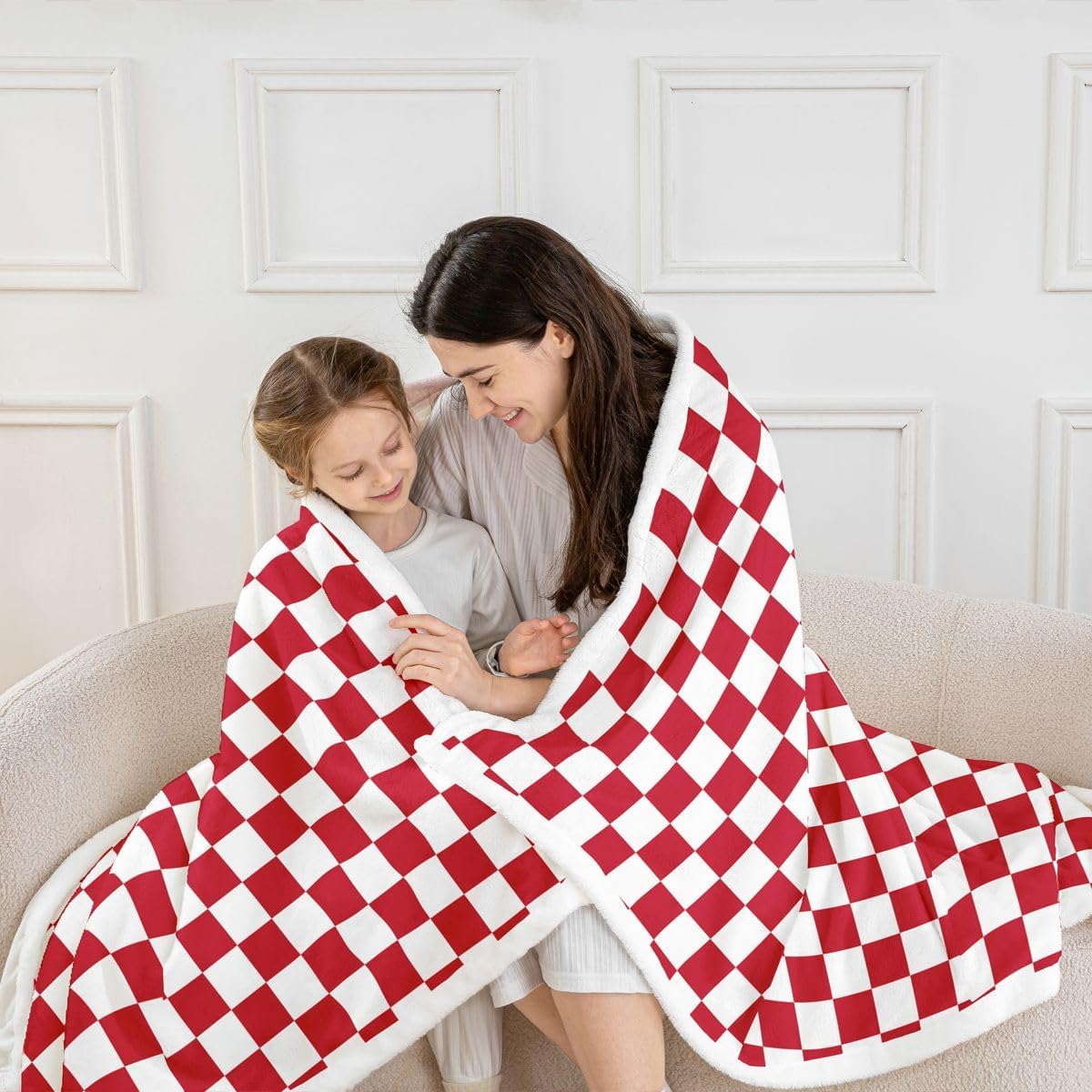 Castle Fairy Checkerboard Throw Blanket,Vintage Grid Plaid Blankets,Modern Minimalist Fleece Blanket,Kids Boys Girls Teens Room Decor,White Red Sherpa Blankets,40"x50" image 2