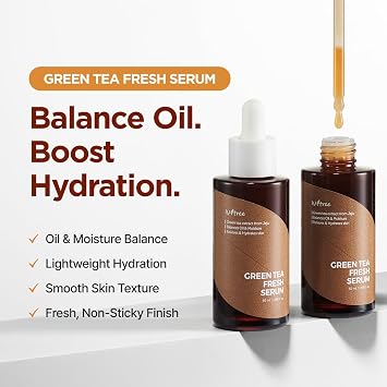 ISNTREE Green Tea Fresh Serum 50ml, 1.69 fl oz | Jeju Green Tea Extract | Controls Excessive Sebum | Balances Oil & Moisture | Relieves & Hydrates Skin | Korean Skincare