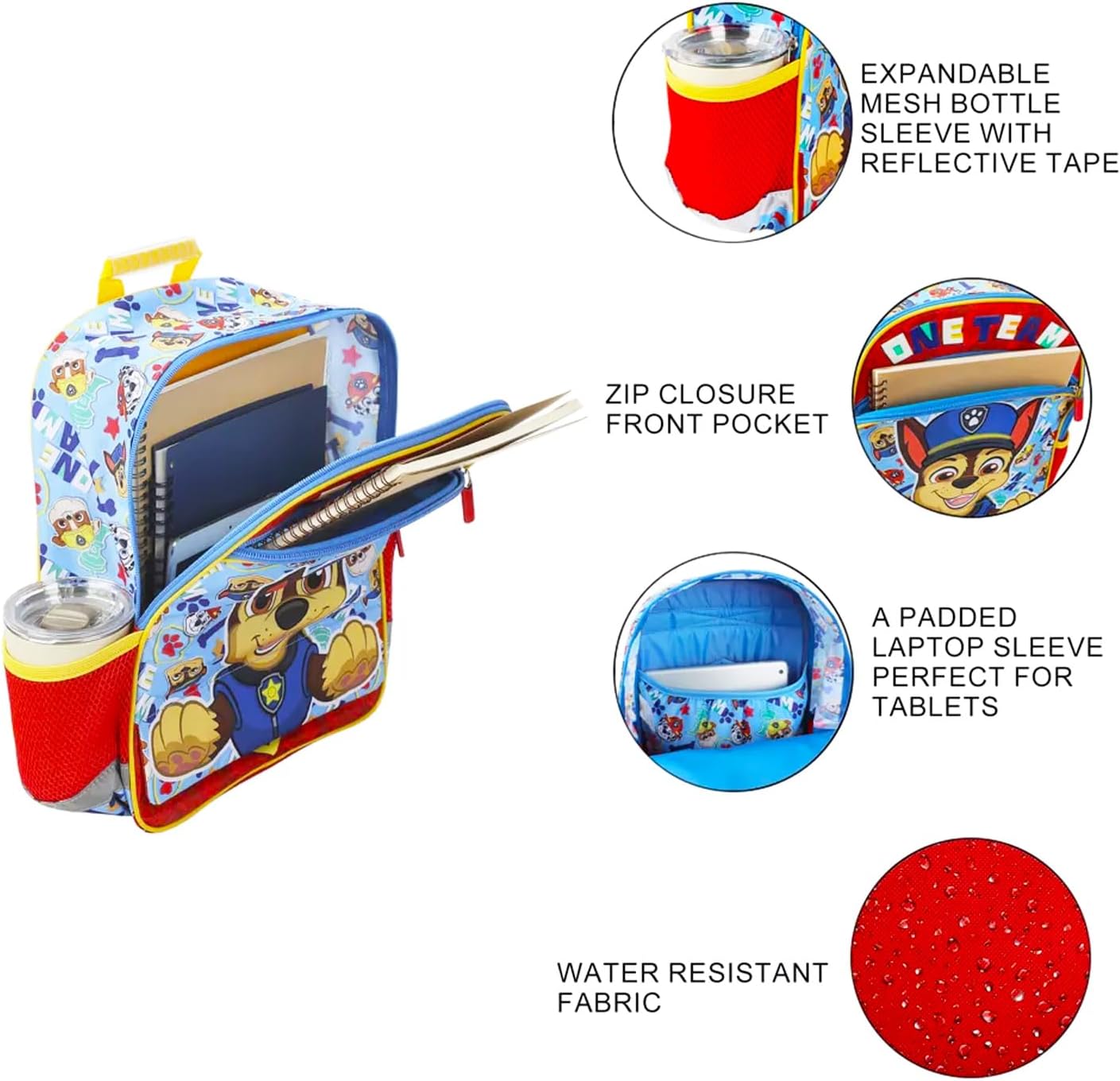 Paw Patrol Backpack for Boys Set - Bundle with 14” Bag Featuring Chase, Rubble, Marshall Plus Water Bottle, Stickers, More | Paw Patrol School Backpack for Kids