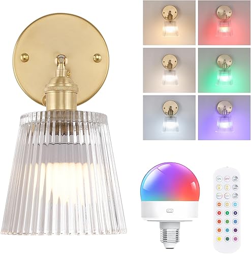 Miniatura 31 de Juego de 2 apliques de pared vintage con pantalla de vidrio a rayas ámbar, apliques de latón ajustables de 180 grados, con cable de iluminación,