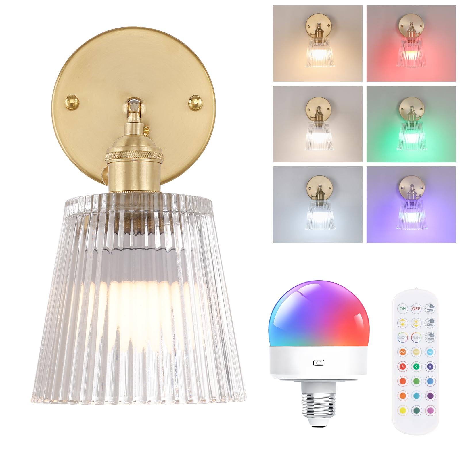 Shenmoyl Vintage Battery Operated Wall Sconce with Transparent Stripe Glass Lampshade Rechargeable Battery Powered Wall Light with Remote Control for Bedside Bedroom Doorway