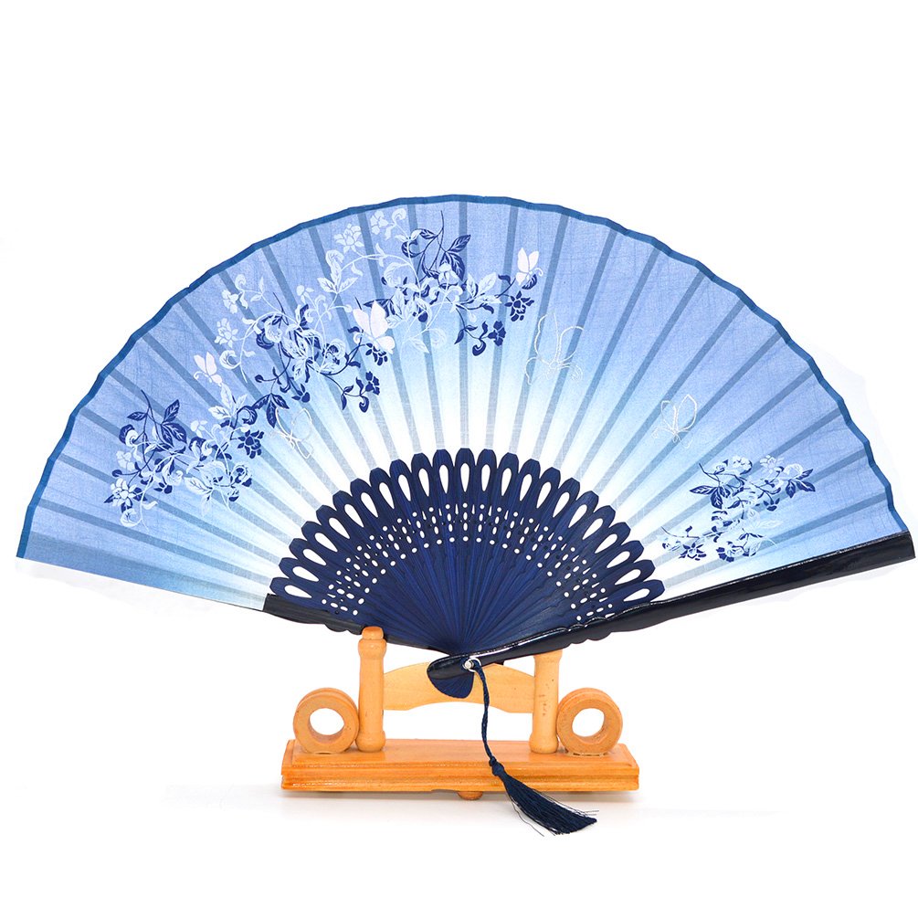 Ventaglio in seta e bambù, con farfalle e fiori, sacchetto in seta e confezione regalo, Blue