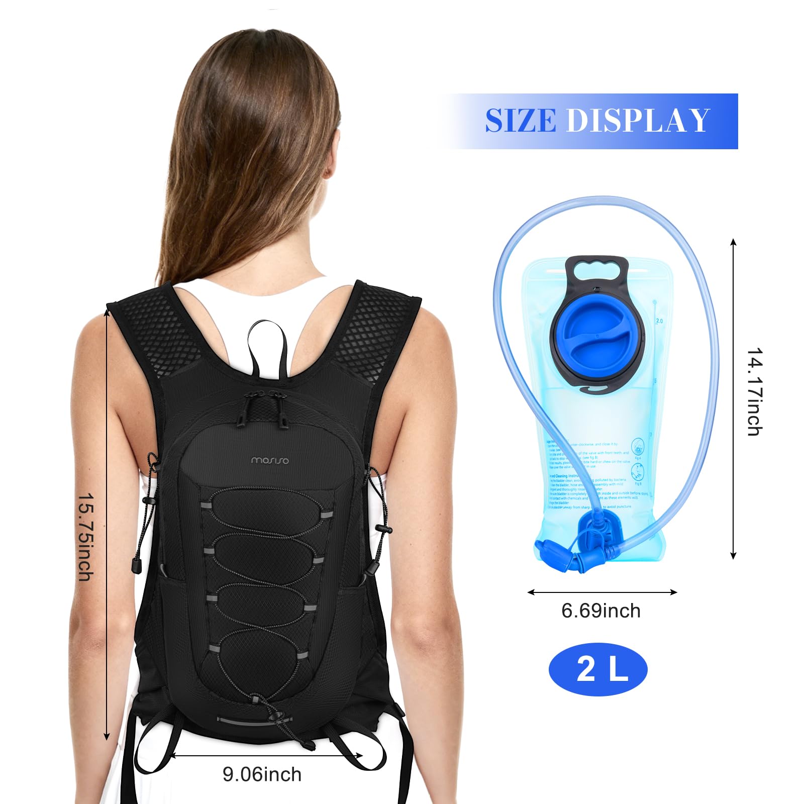 MOSISO Sac à Dos d'Hydratation Léger 2L, Noir | Réservoir 2L, Sac à Dos Léger avec Corde Élastique & Poche Avant, pour Randonnée, Sentier, Escalade, Course, Cyclisme