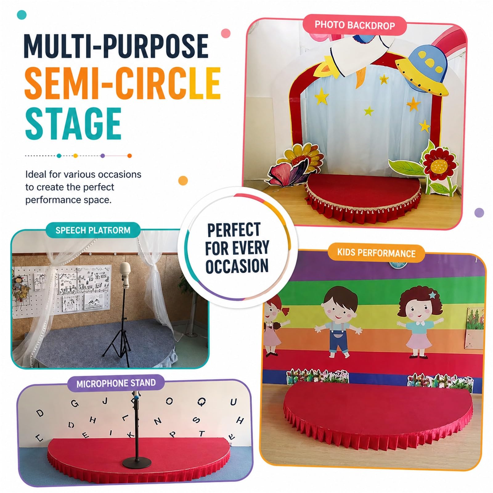 Palco semicircolare portatile per bambini, piattaforma per palcoscenico inclusa, grembiule, elevata capacità di carico, ideale per ospitare discorsi in pubblico e canti(Red B,100x50cm)
