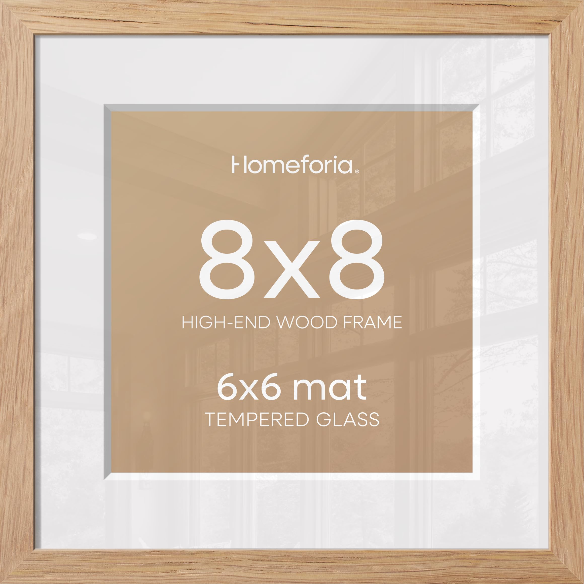 Homeforia 8x8 Natural Oak Picture Frame, High-End Wood, 6x6 Mat, Glass | High End Solid Oak Wood, Tempered Glass, Acid-Free 6x6 Removable Mat, 8x8 Edge-to-Edge Display 8x8, Wall Kit, Set Of 3
