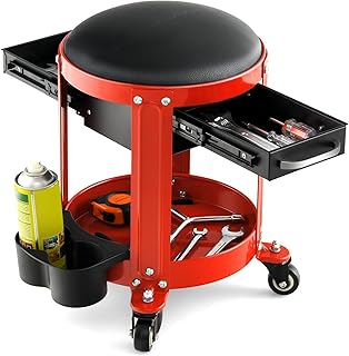 COSTWAY Rolling Workshop Creeper Seat, Mechanic Roller Stool with Removable Padded Seat, 2 Drawers Twin Can Holders and Tool Tray, Repair Shop Garage Roller Toolbox Work Seat, 150KG Capacity