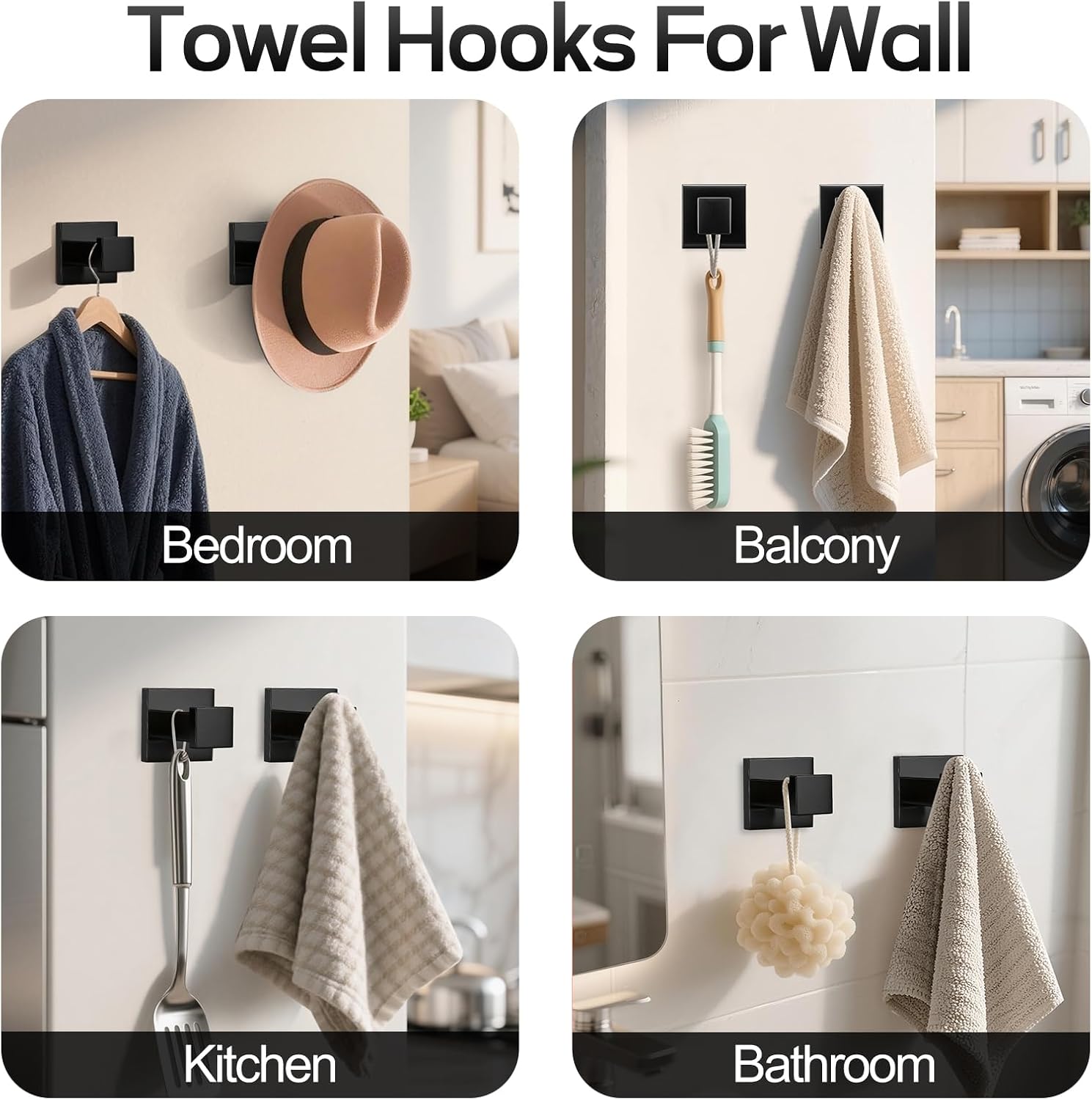 Matte Black Bathroom Hardware Accessories Set 4 Pieces, SUS304 Stainless Steel Bathroom Towel Rack Holder Set Wall Mounted-18 Inch Towel Bar, Toilet Paper Holder, Square Towel Ring, Towel Hook